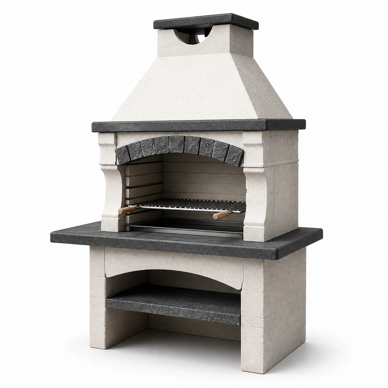 Barbecue fisso in cemento refrattario con griglia in acciaio inox grigio e nero