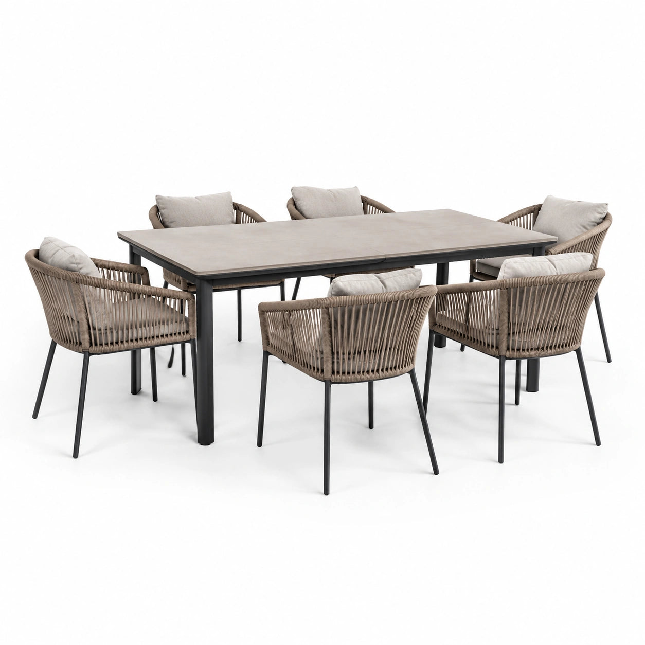 Set da pranzo da esterno in metallo e rattan con cuscini beige
