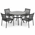 Set da pranzo da esterno in metallo nero con tavolo rotondo e 4 sedie in corda
