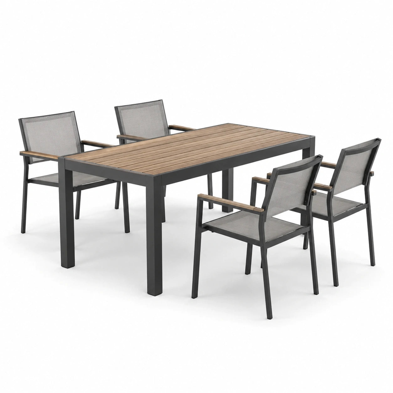 Set da pranzo esterno in metallo e legno con tavolo e 4 sedie