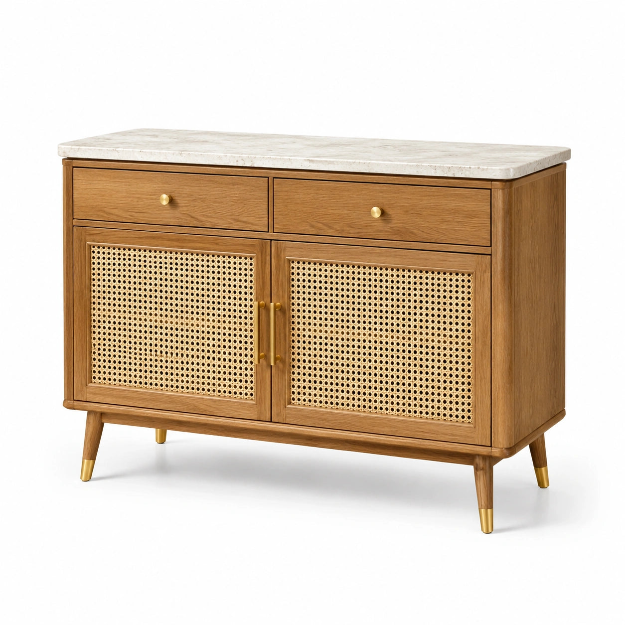 Credenza in legno e rattan con piano in marmo bianco