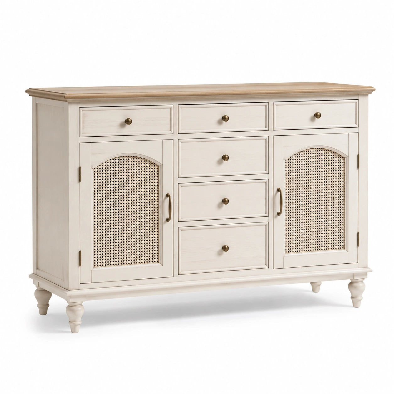 Credenza in legno e rattan con cassetti e ante, 120x40x85 cm, bianco