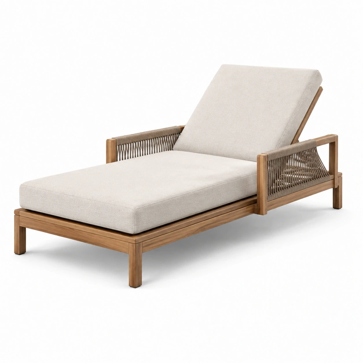 Lettino prendisole in legno di teak e corda sintetica con cuscini in tessuto di poliestere beige
