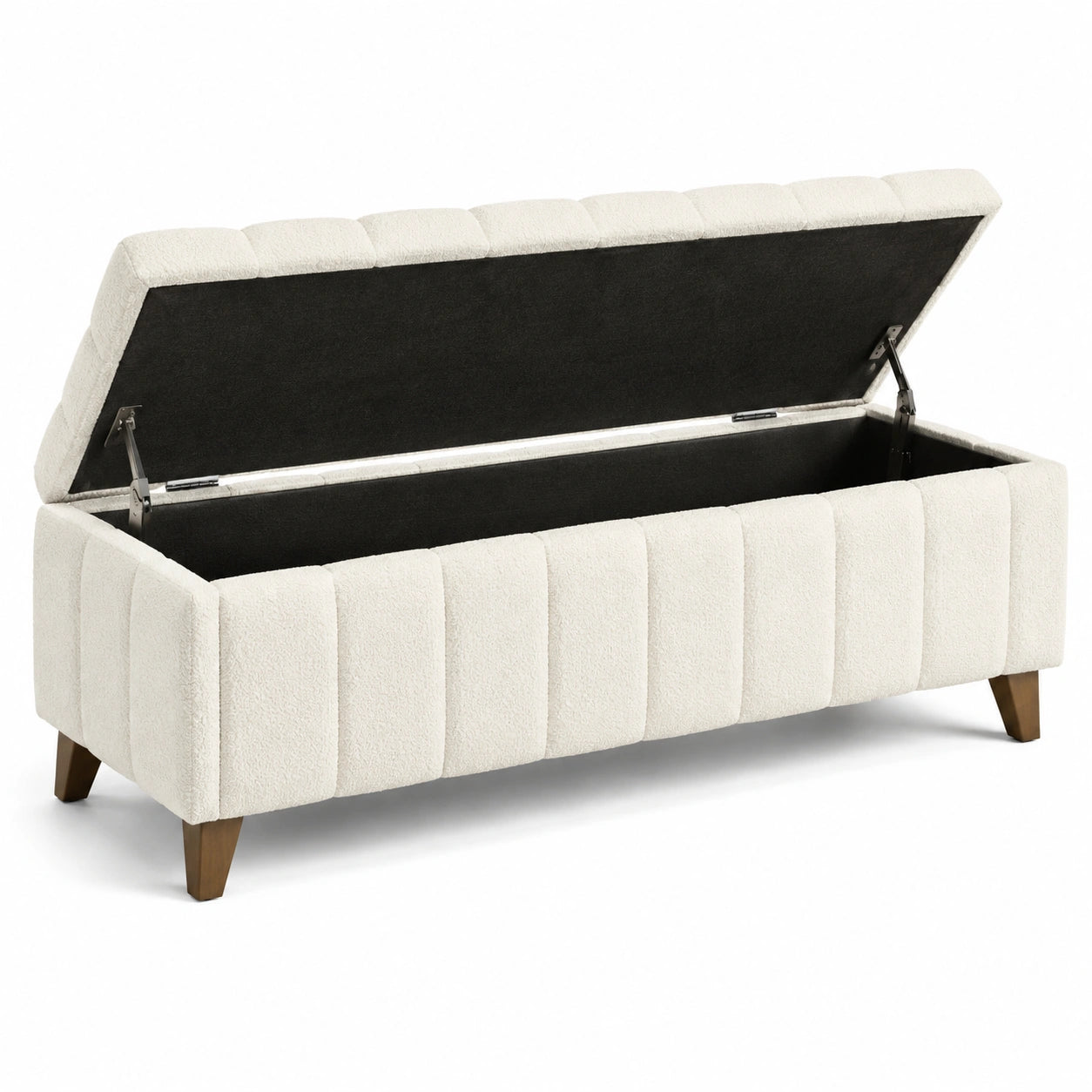 Panca contenitore in tessuto Bouclé crema con gambe in legno