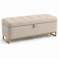 Panca contenitore in tessuto di lino beige con base in metallo dorato 120x45x45 cm