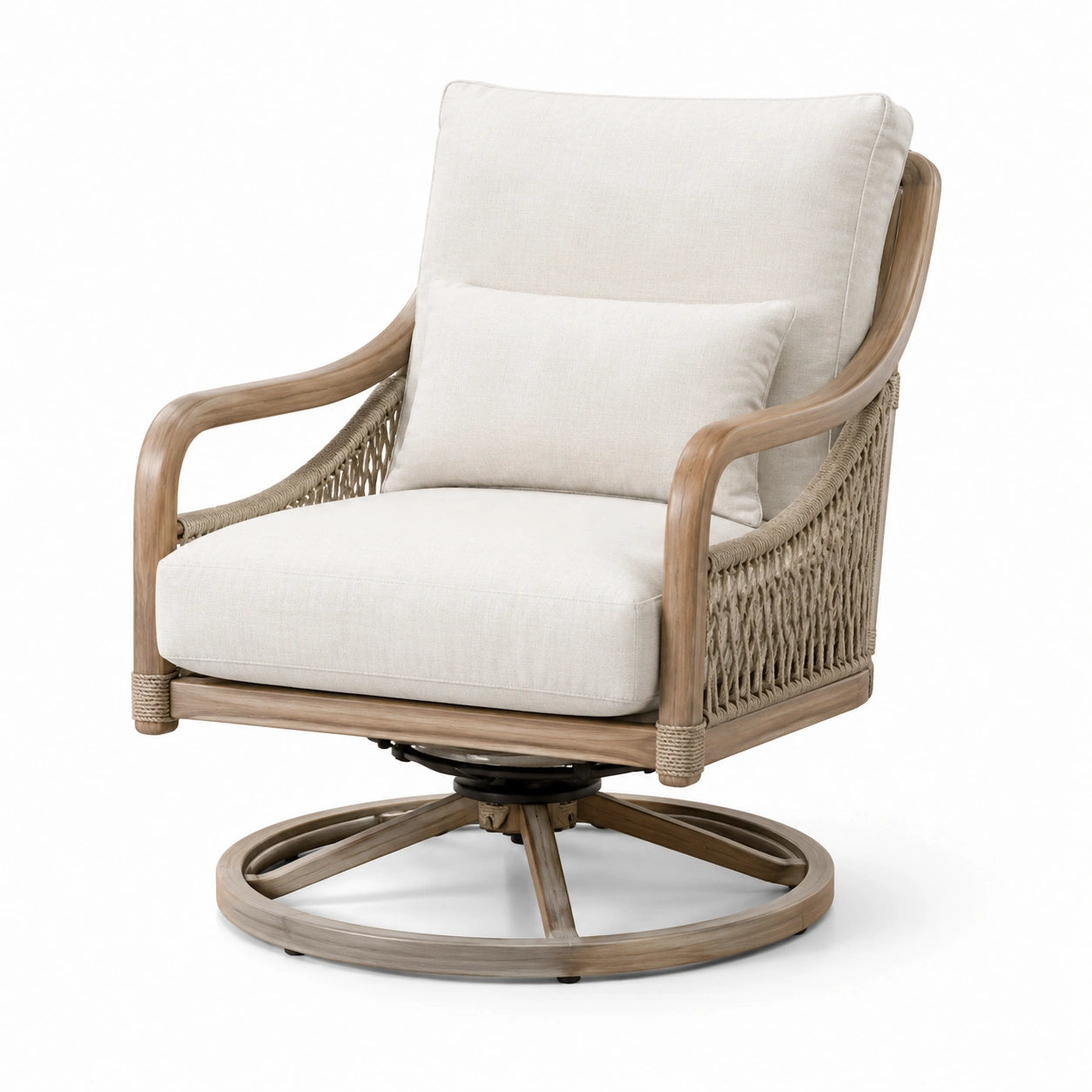 Poltrona Girevole in Legno con Rivestimento in Rattan Crema
