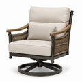 Poltrona girevole in metallo e tessuto con braccioli in legno di acacia, beige