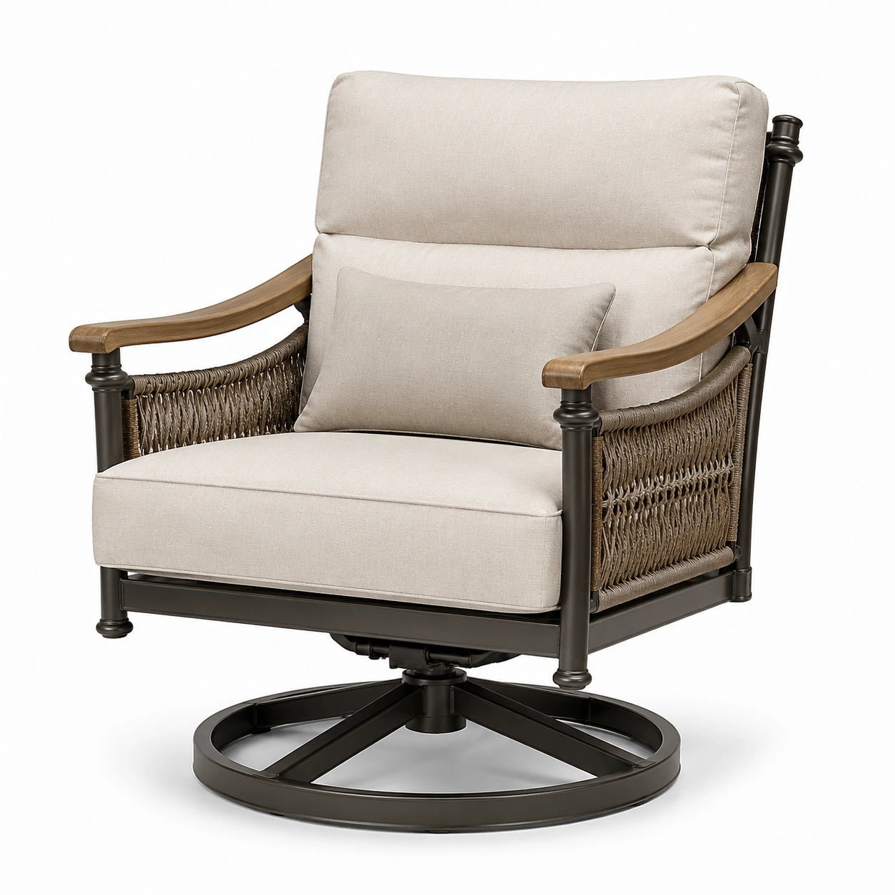 Poltrona girevole in metallo e tessuto con braccioli in legno di acacia, beige